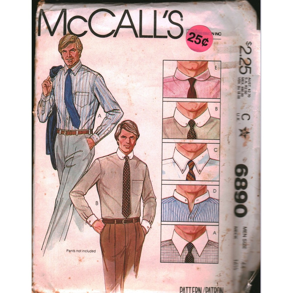 Vintage McCalls 6890 Mens Shirt Sewing Pattern Size 44 Neck 16.5 70s Retro Uncut